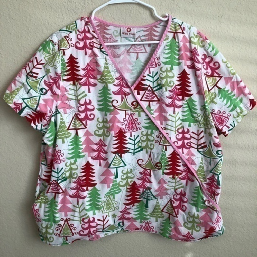 White Cross Scrubs Top Christmas Trees Print Holiday Nurse Health Care Worker